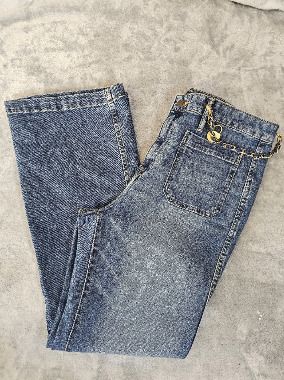 Lauren Ralph Lauren Gold Chain-Trim High-Rise Flare Jeans Denim sz 14